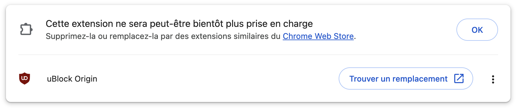 Message de suppression de uBlock Origin dans Google Chrome
